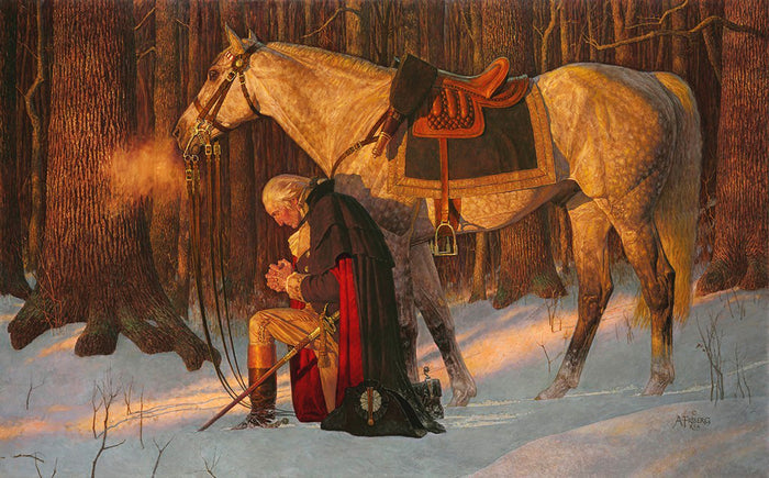 Man in a coat with a red cape sitting next to a horse in a snowy forest