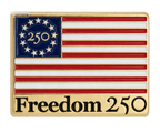 Pin with American flag design and 'Freedom 250' text on a white background