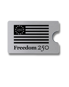 Metallic card with American flag design and 'Freedom 250' text on a white background