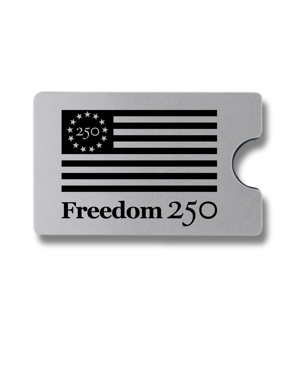 Metallic card with American flag design and 'Freedom 250' text on a white background