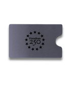 Metallic card with 'Freedom 250' engraving on a white background