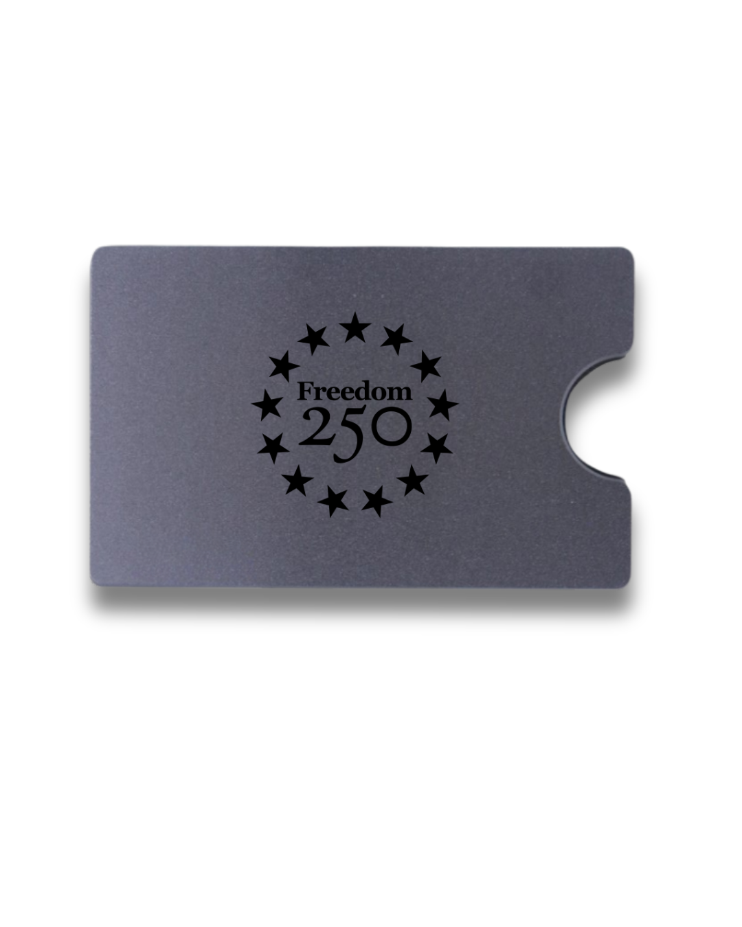 Metallic card with 'Freedom 250' engraving on a white background