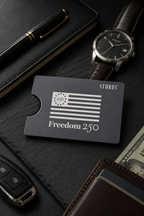 Storus card with American flag design on a dark surface with accessories.