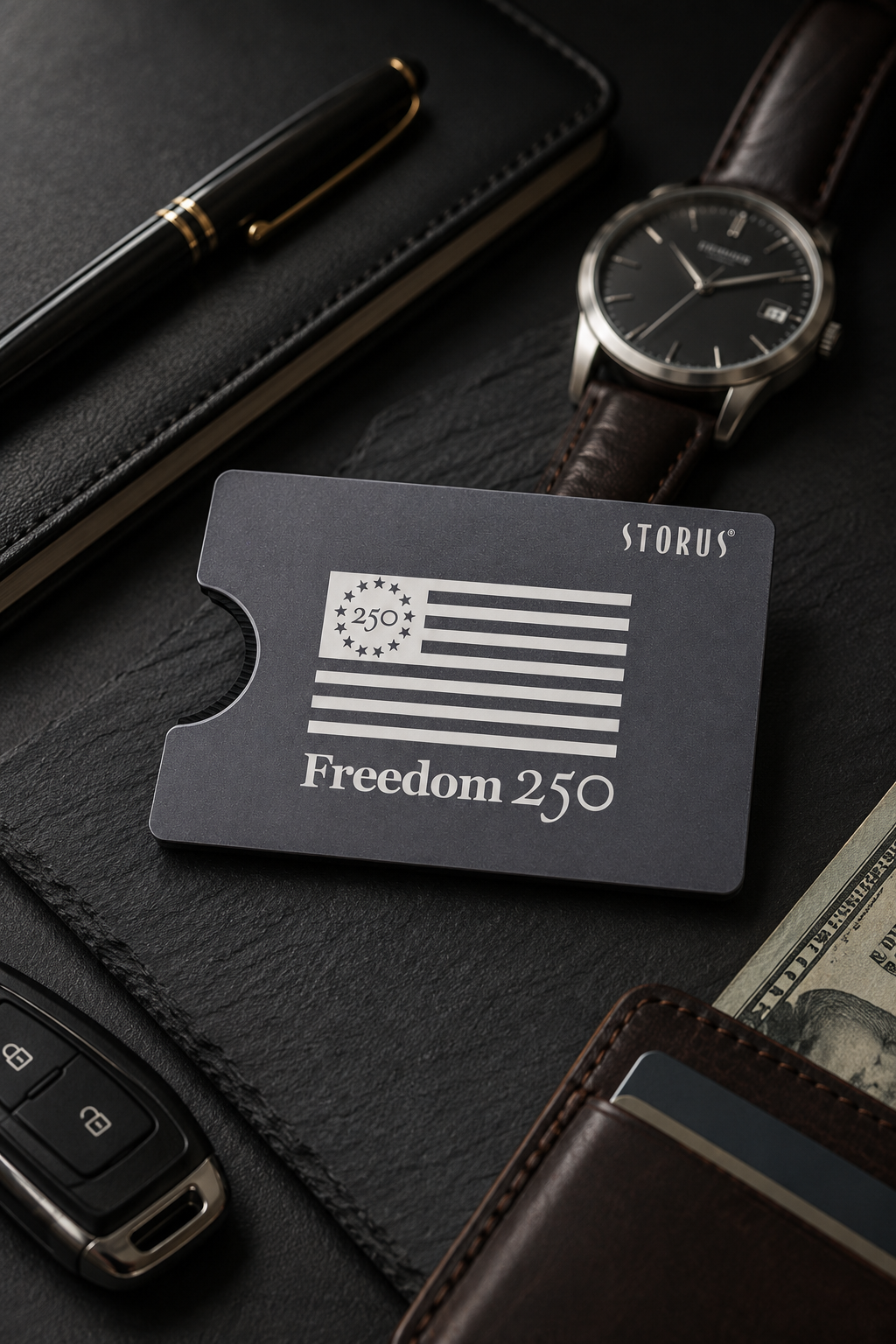 Storus card with American flag design on a dark surface with accessories.