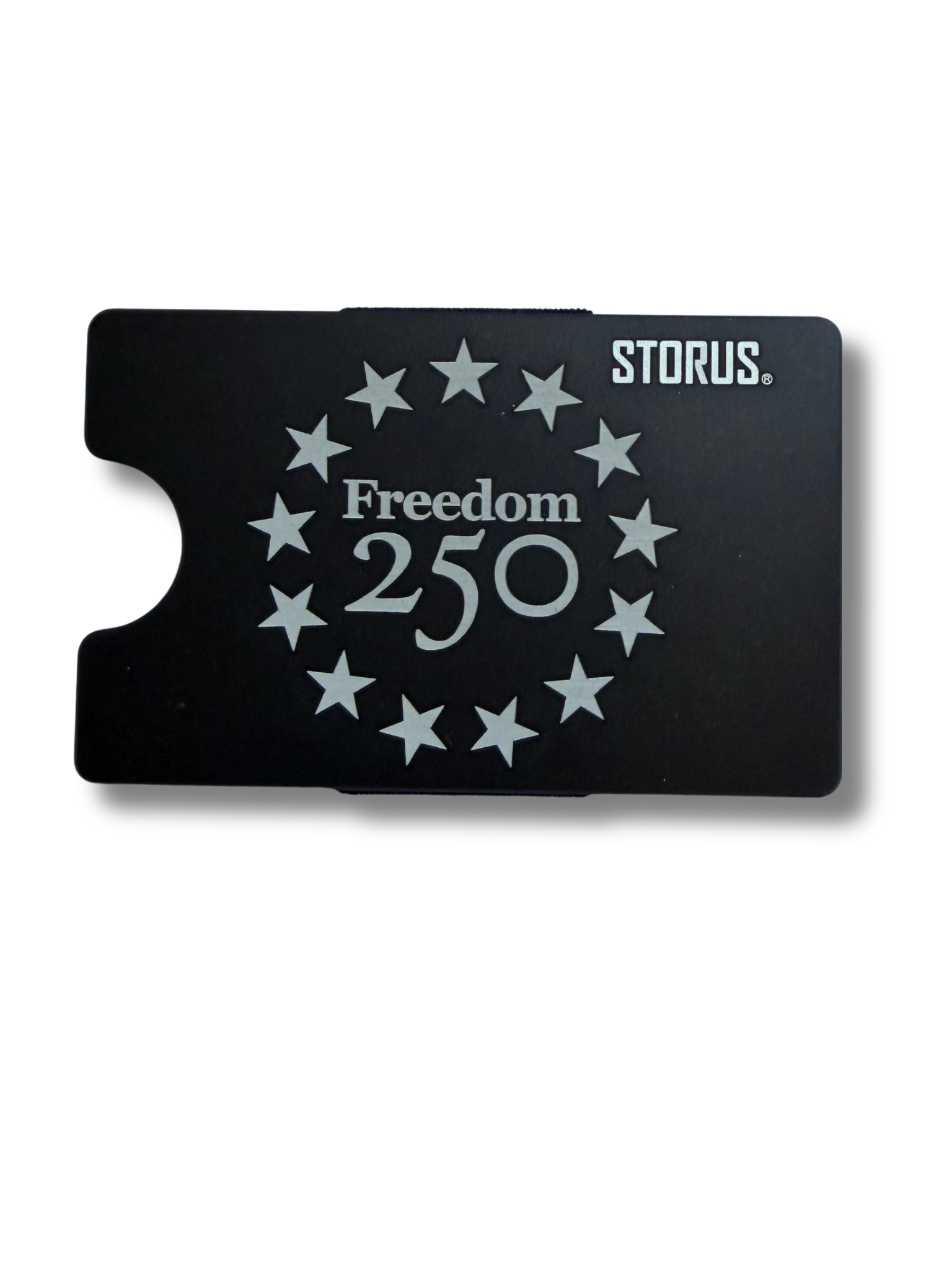 Black cardholder with 'Freedom 250' and 'STORUS' branding on a white background
