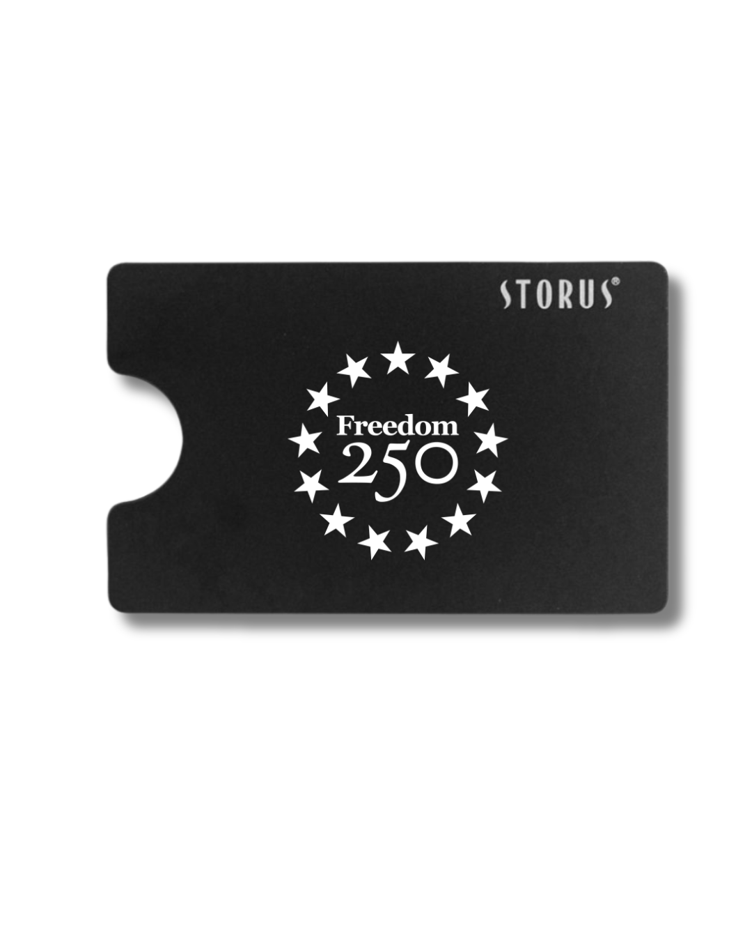 Black cardholder with 'Freedom 250' design and 'STORUS' branding on a white background