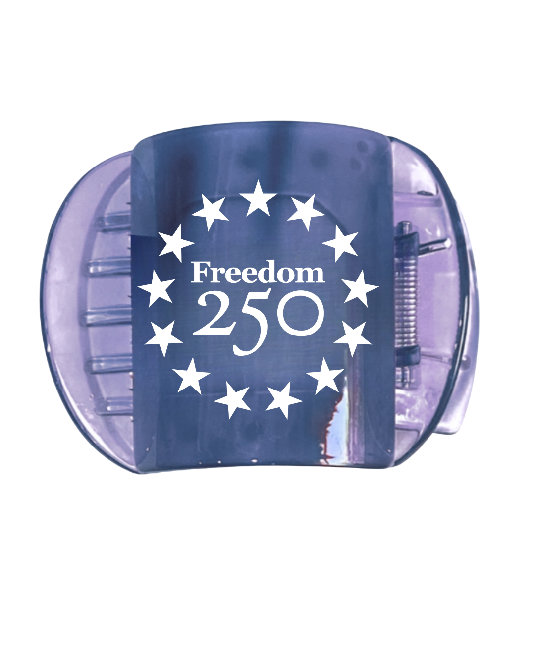 Pencil sharpener with 'Freedom 250' text and star design on a white background