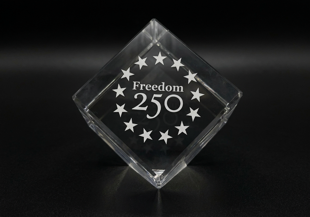 Crystal block with 'Freedom 250' engraving on a black background
