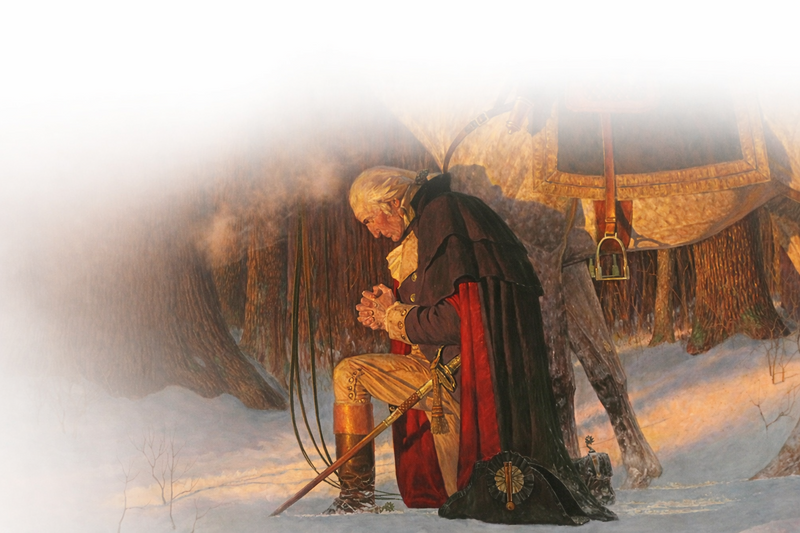 Man in historical attire kneeling by a horse in a snowy landscape