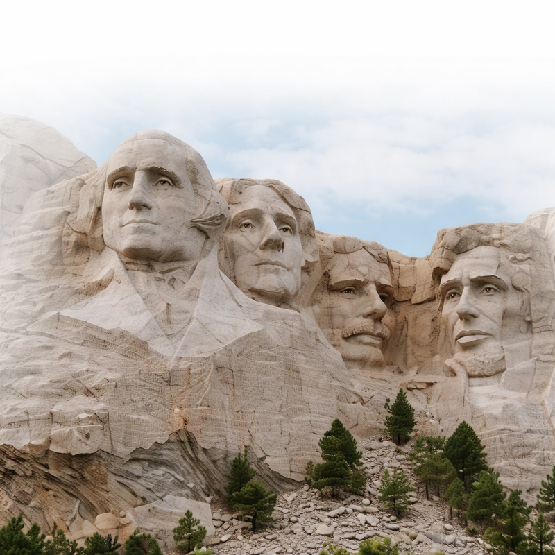 Mount Rushmore with four large stone faces of presidents against a cloudy sky.