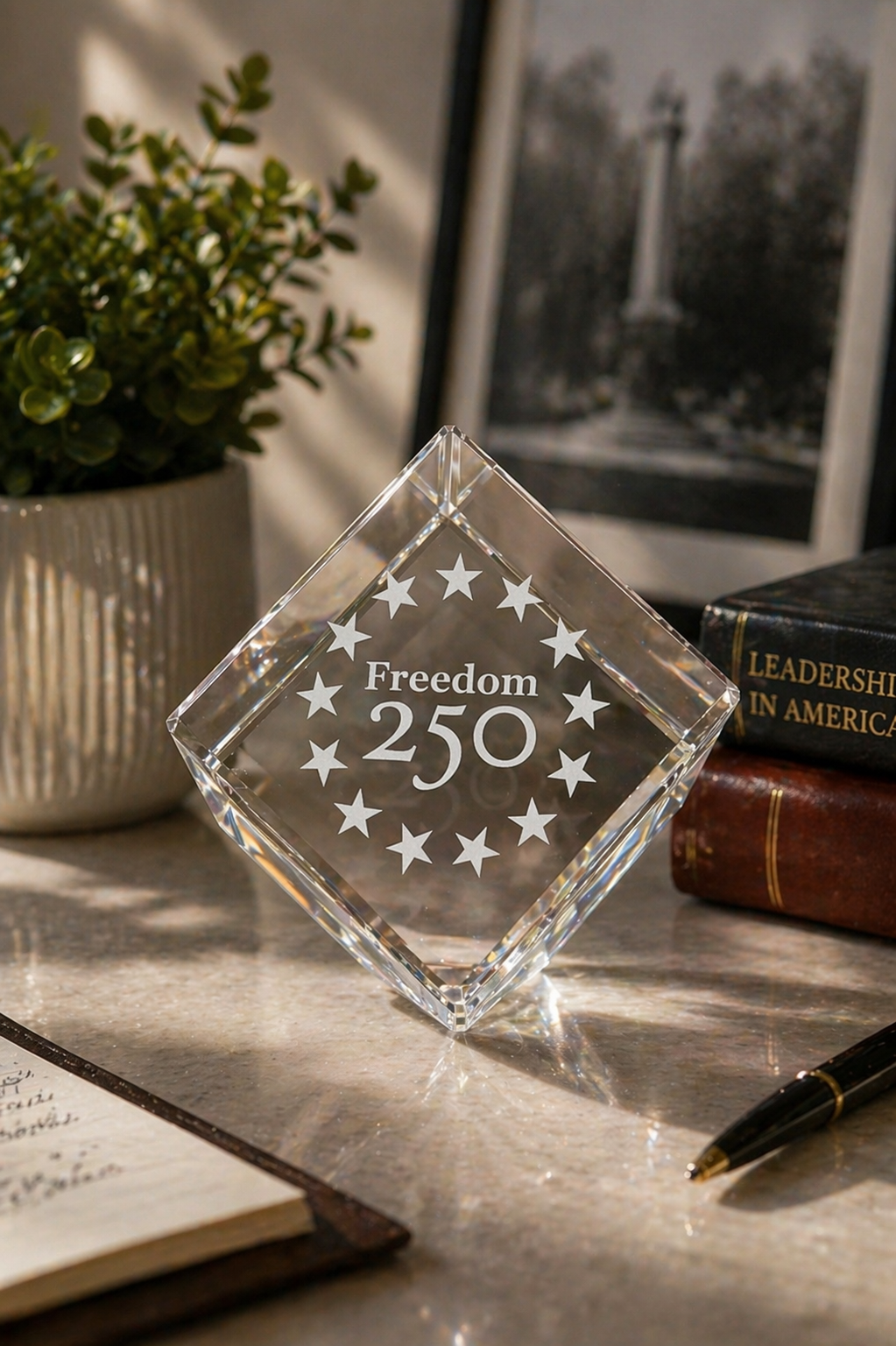 Crystal paperweight with 'Freedom 250' engraving on a desk with books and a plant.