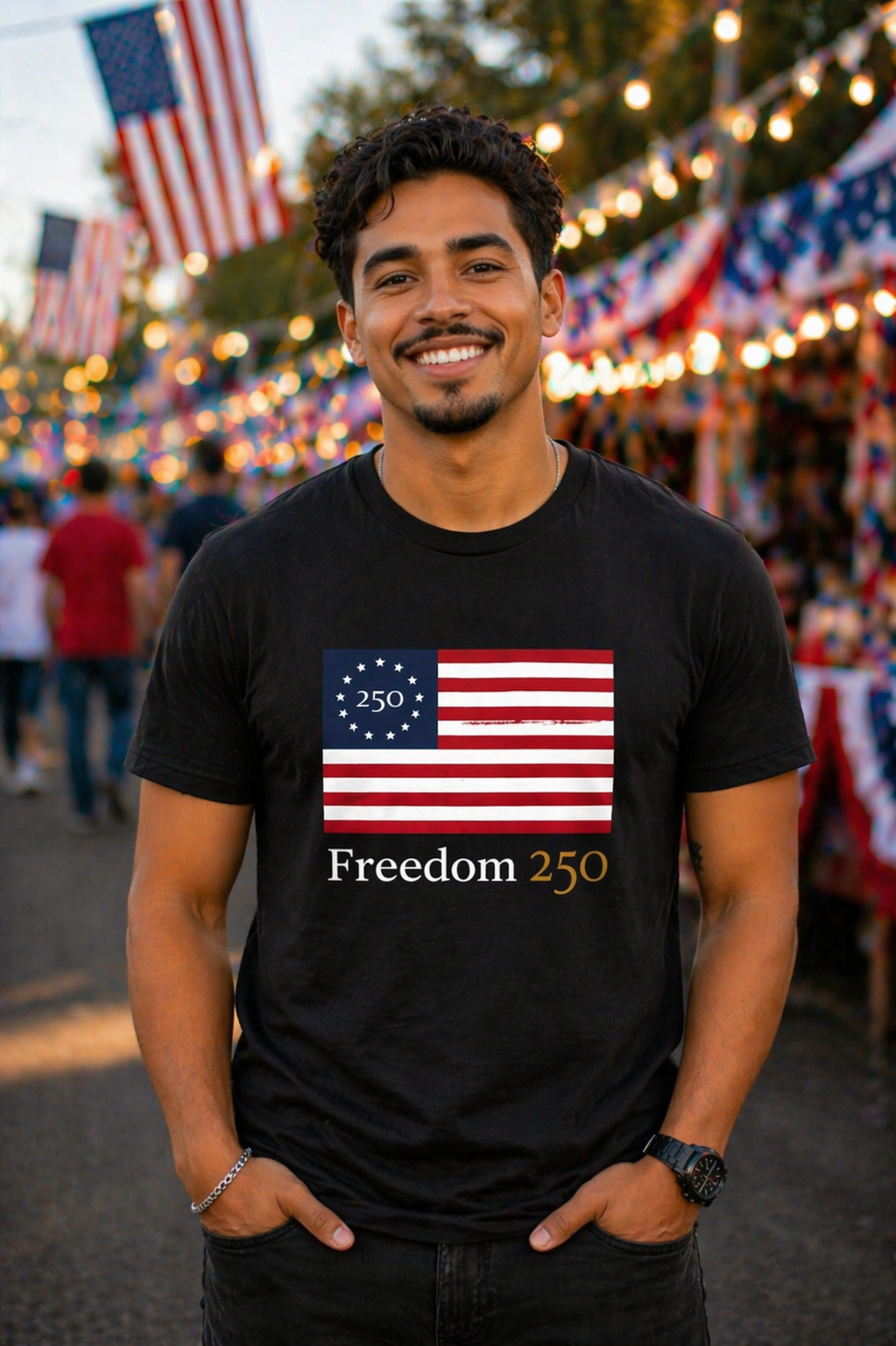 Man wearing a black t-shirt with a flag design and 'Freedom 250' text, standing in front of festive lights and American flags.
