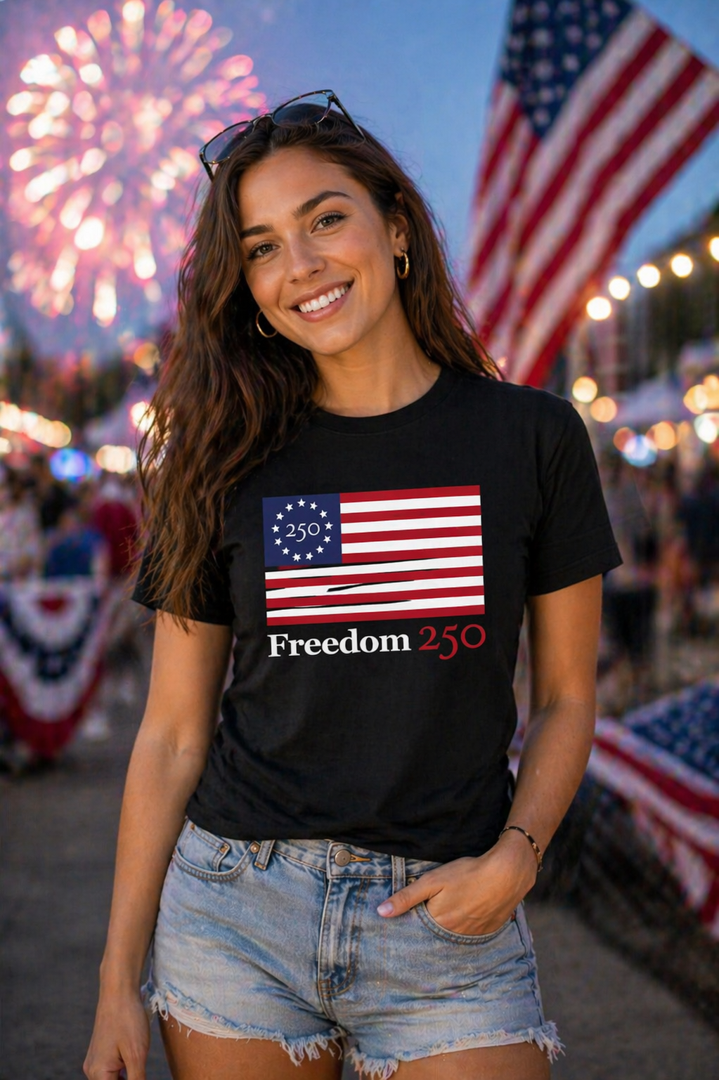 Woman wearing a black t-shirt with a flag design and 'Freedom 250' text, standing in front of fireworks and an American flag.