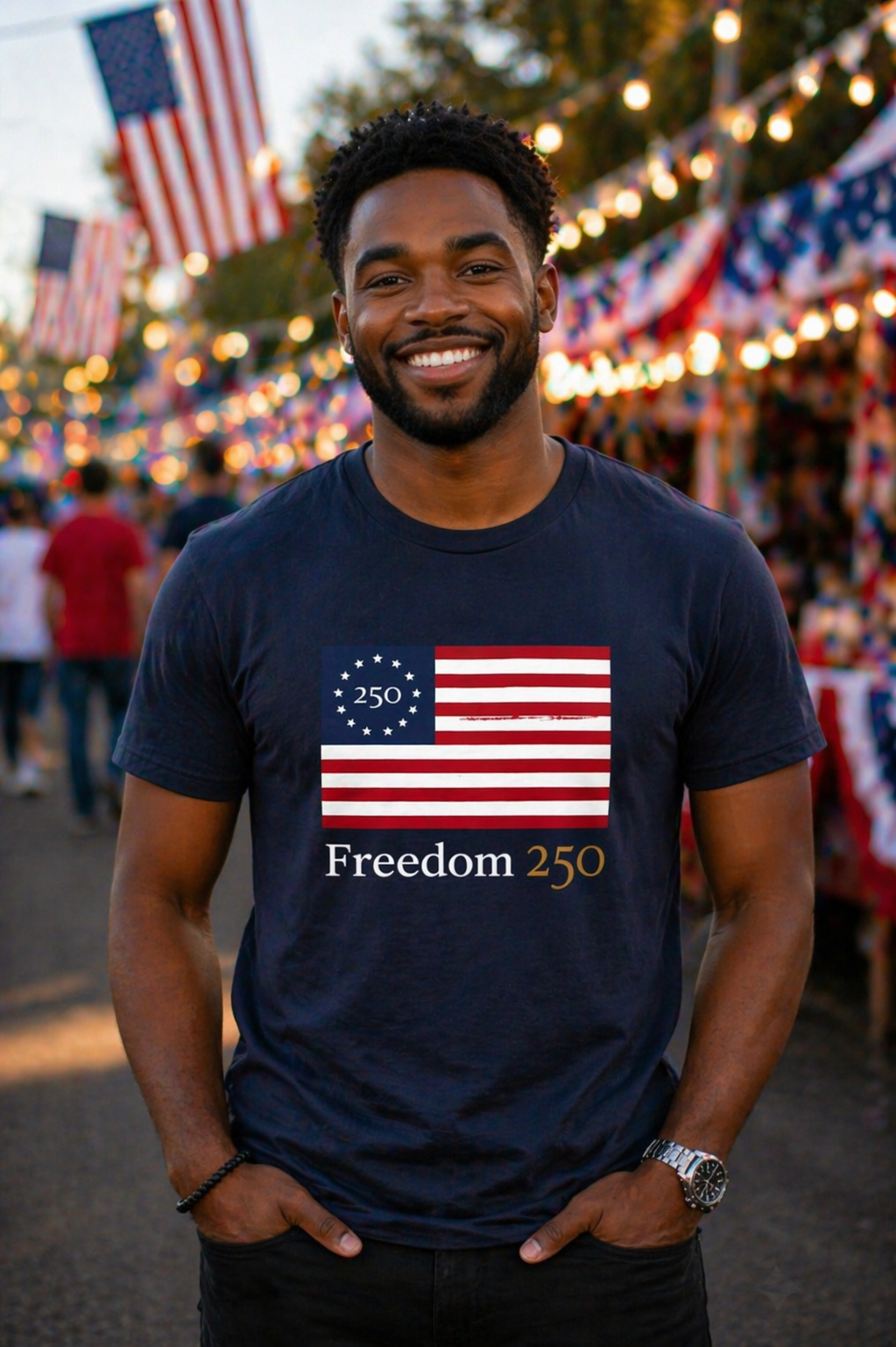 Man wearing a navy blue t-shirt with 'Freedom 250' design at a festive outdoor event with American flags.