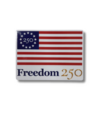 American flag with 'Freedom 250' text on a white background