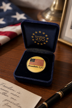 Gold coin with 'Freedom 250' design in a blue box on a wooden surface with an American flag in the background.
