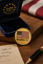 Gold coin with 'Freedom 250' design on a wooden surface with an American flag and pen.