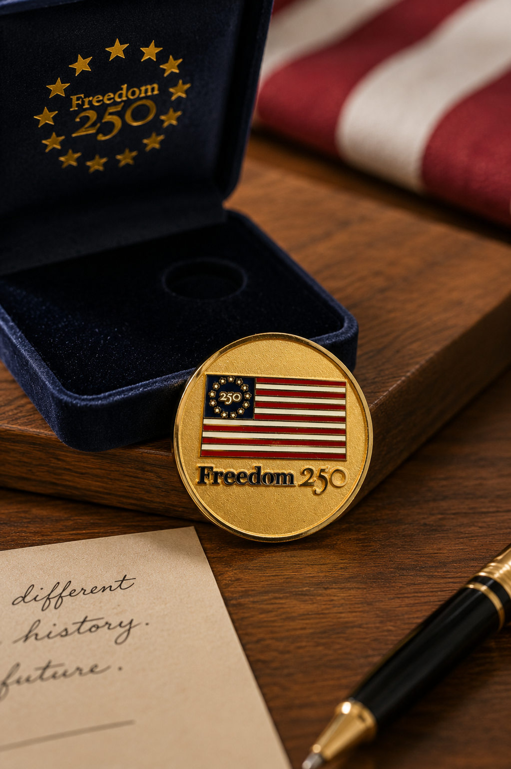 Gold coin with 'Freedom 250' design on a wooden surface with an American flag and pen.