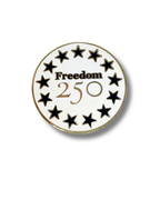Pin with 'Freedom 250' text and star design on a white background