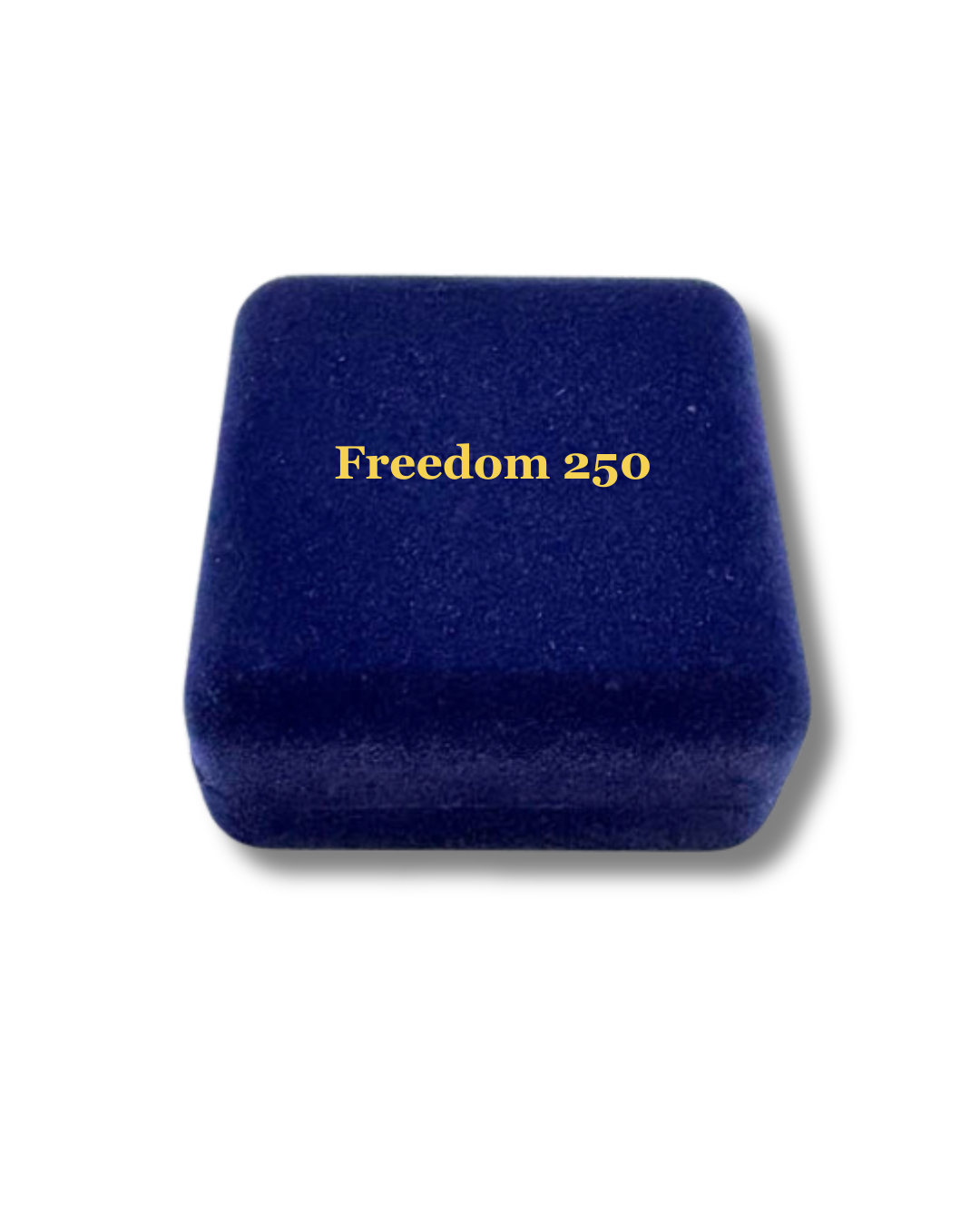 Blue jewelry box with 'Freedom 250' text on a white background