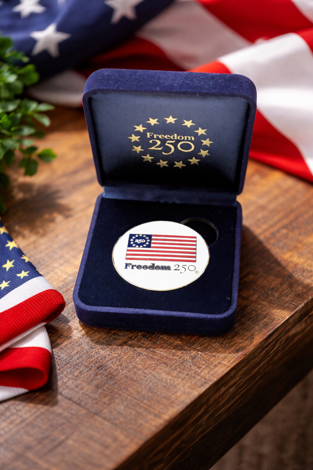 Medal with 'Freedom 250' on a wooden surface with an American flag in the background