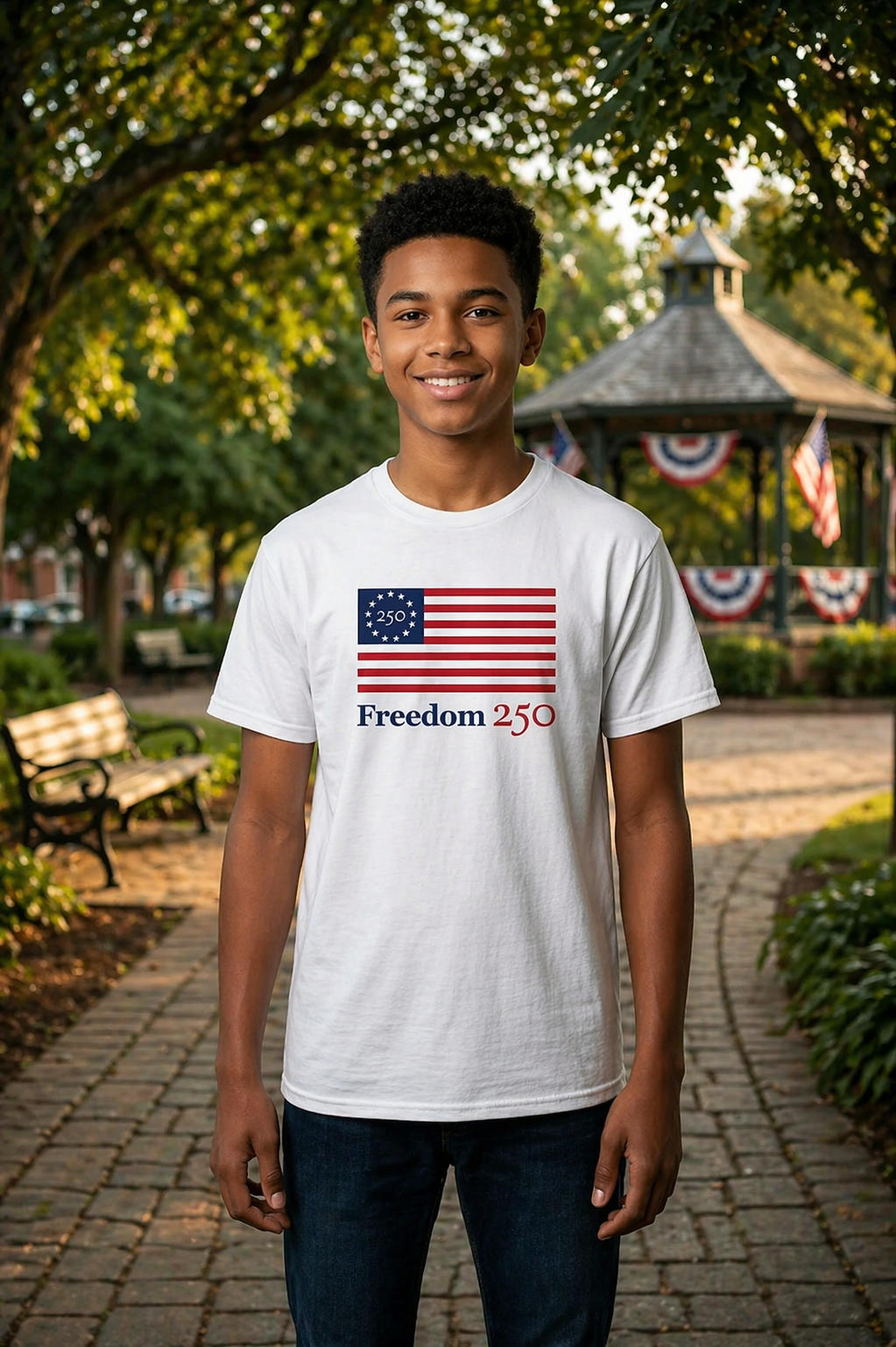 Person wearing a white t-shirt with an American flag design and 'Freedom 250' text in a park setting.