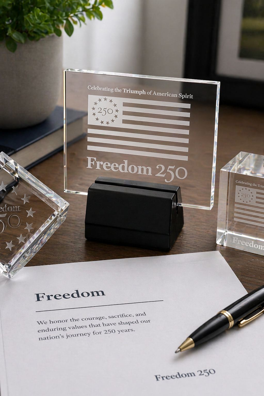 Glass plaque with 'Freedom 250' on a desk with a pen and paper.
