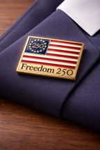 Lapel Pin with American flag design and 'Freedom 250' text on a purple fabric background
