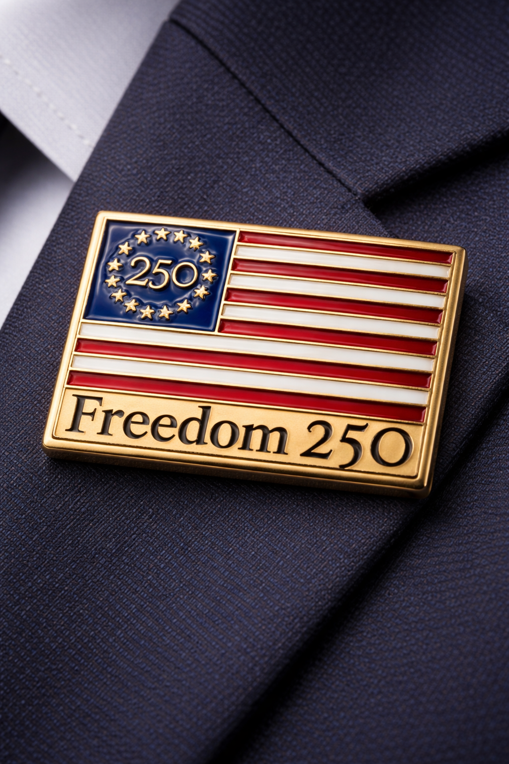 Lapel Pin with American flag design and 'Freedom 250' text on a dark background