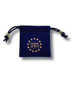 Navy blue drawstring pouch with 'Freedom 250' logo on a white background