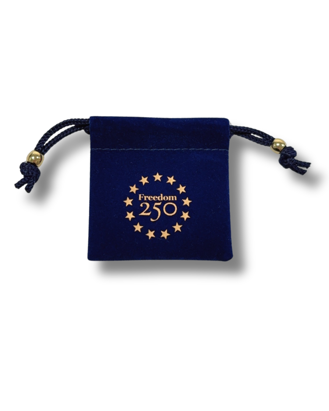 Navy blue drawstring pouch with 'Freedom 250' logo on a white background