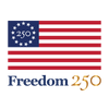 American flag with 'Freedom 250' text on a white background