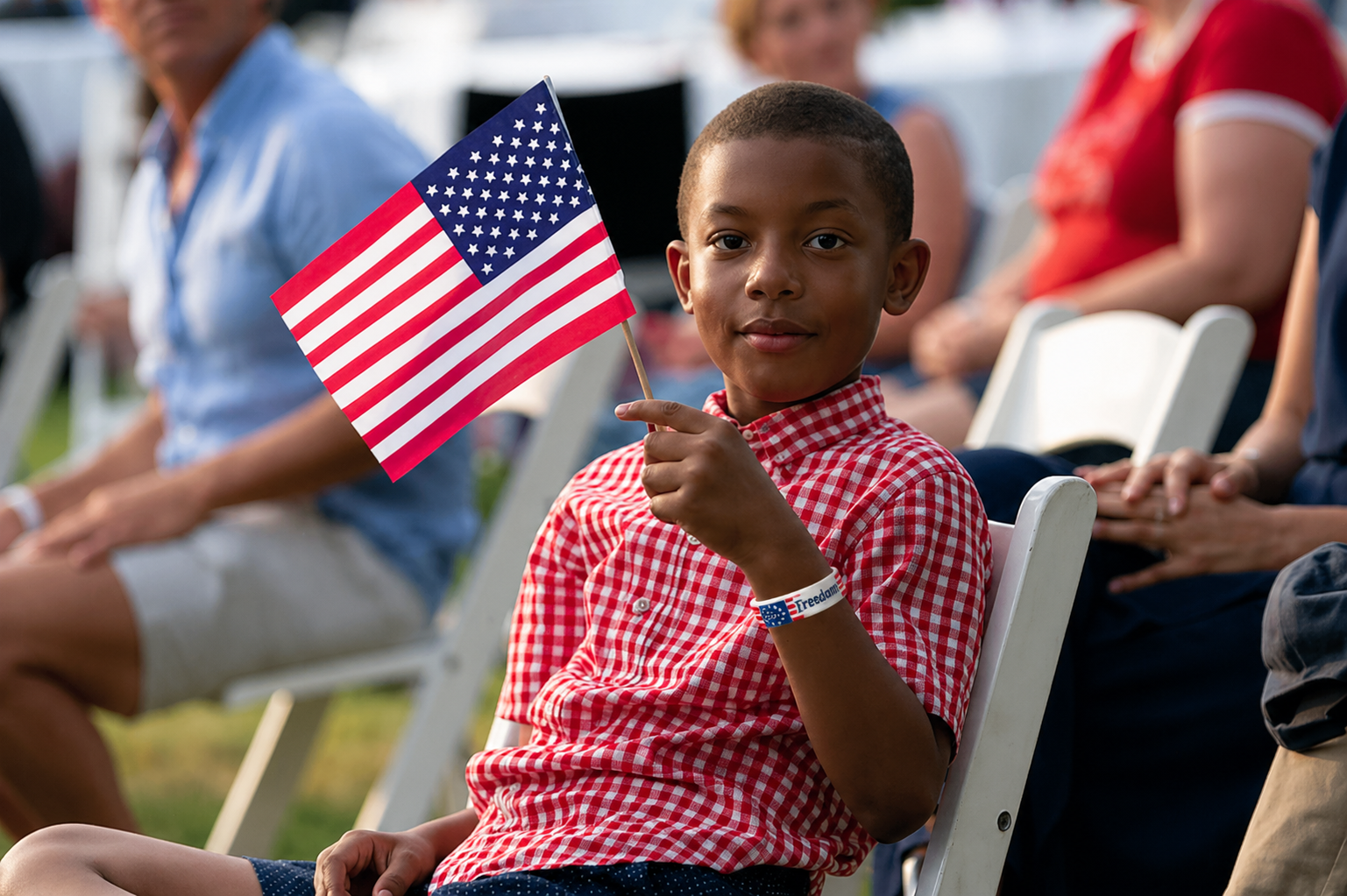Child holding an American flag at a public event with other people in the background.