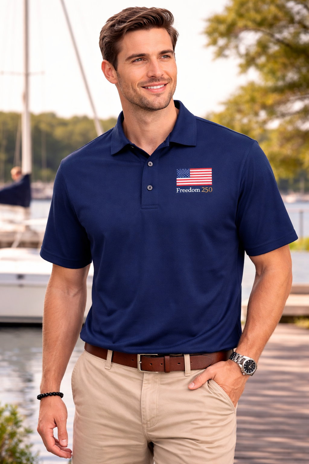 Man wearing a blue polo shirt with an American flag design by a waterfront.