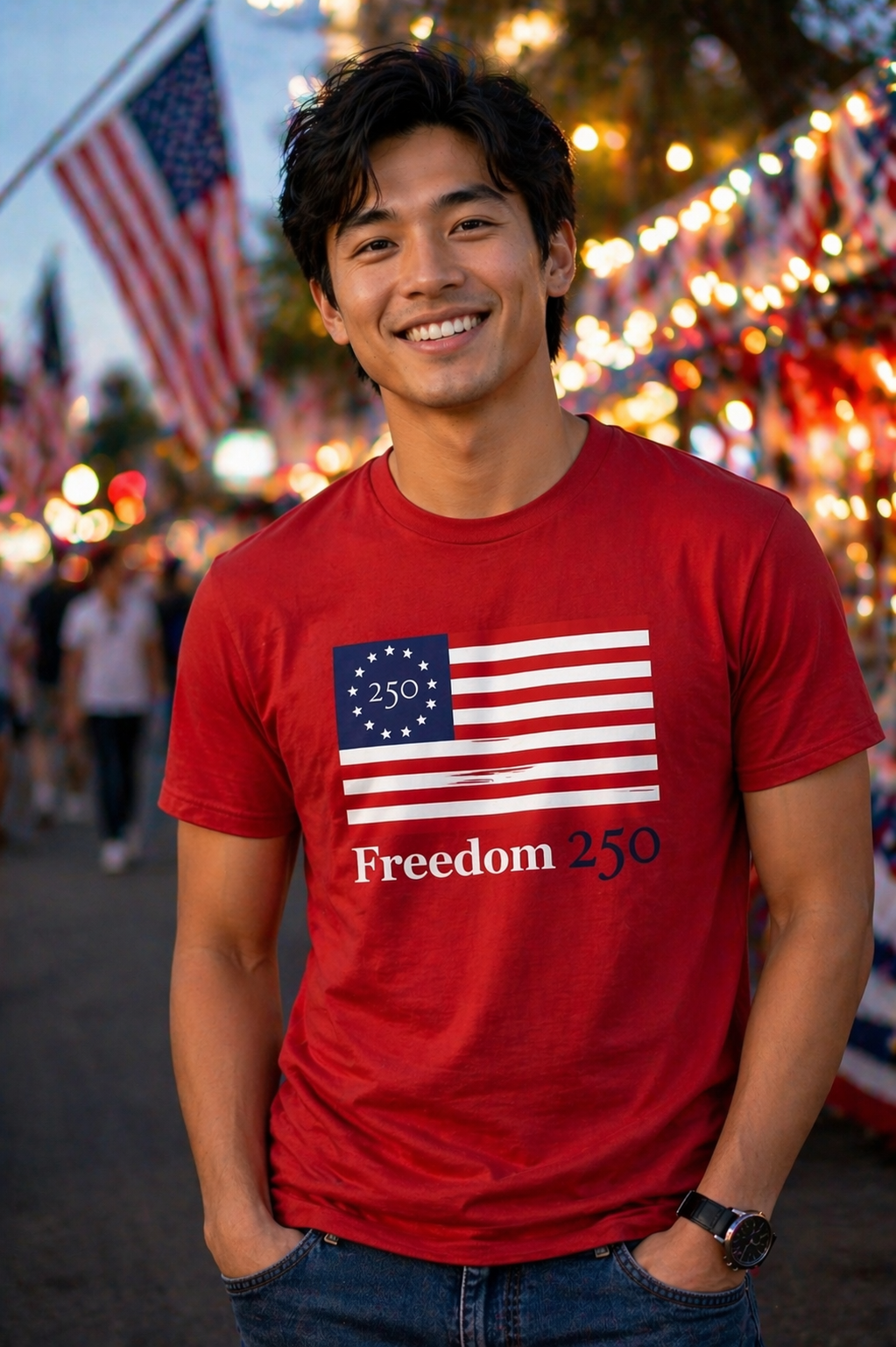 Man wearing a red t-shirt with an American flag design and 'Freedom 250' text, standing in a festive outdoor setting.