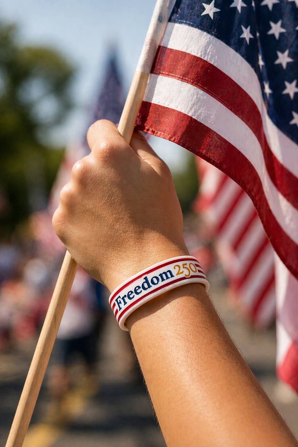 Hand holding an American flag with a 'Freedom 250' wristband, blurred background