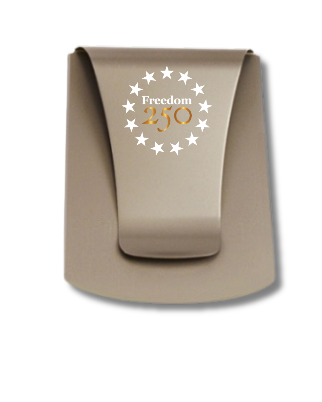 Metallic money clip with 'Freedom 250' design on a white background