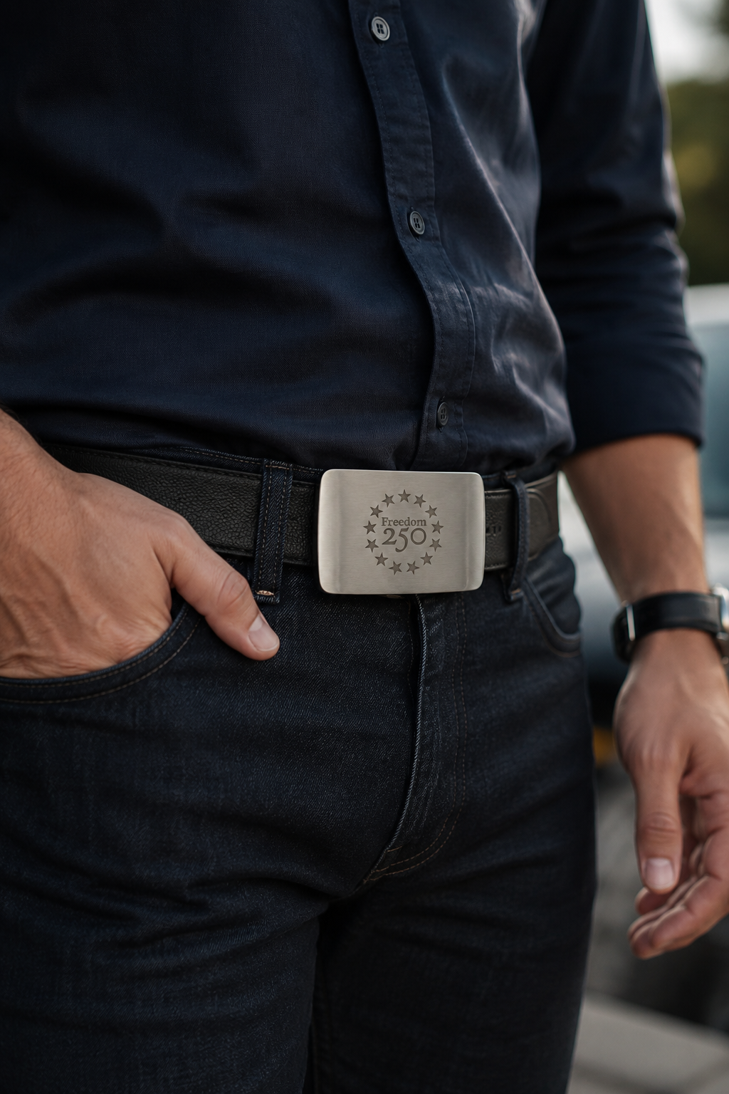 Person wearing a black belt with a silver buckle, standing outdoors.