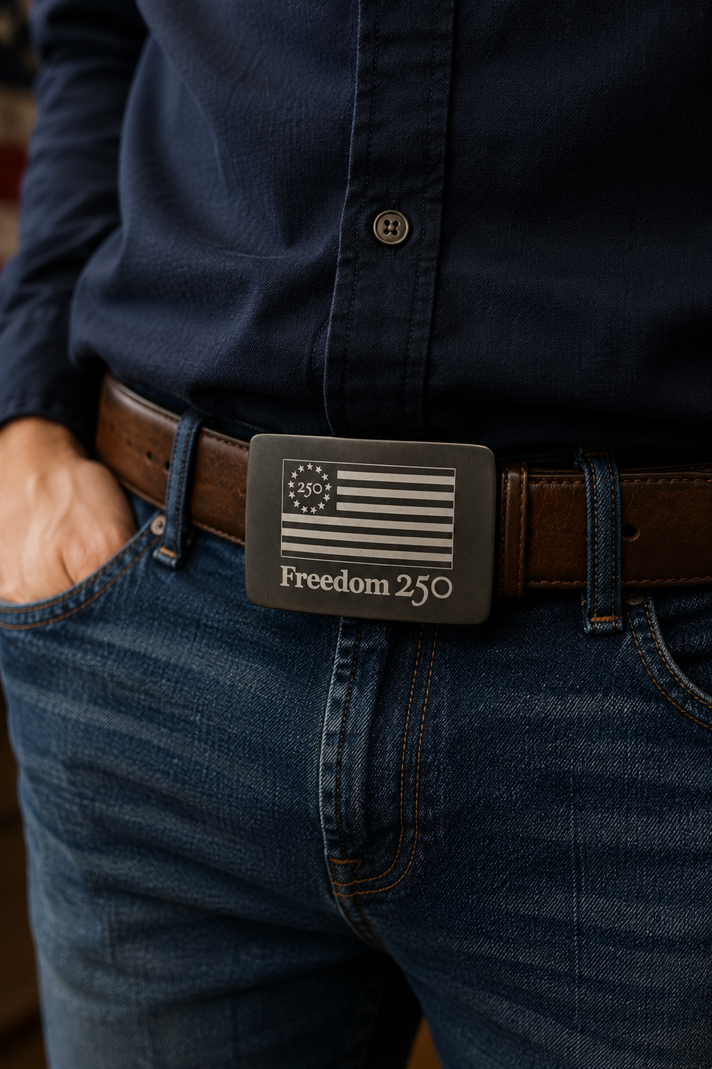 Person wearing a navy shirt and jeans with a belt featuring a 'Freedom 250' buckle.