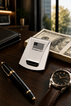 Metal money clip with American flag design on a desk with currency, pen, and watch.