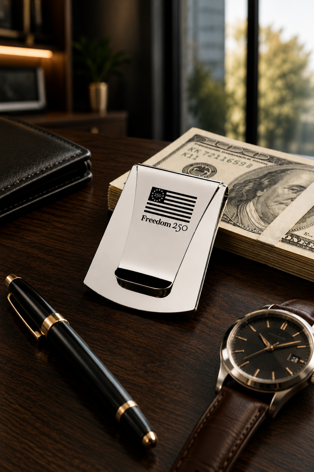 Metal money clip with American flag design on a desk with currency, pen, and watch.