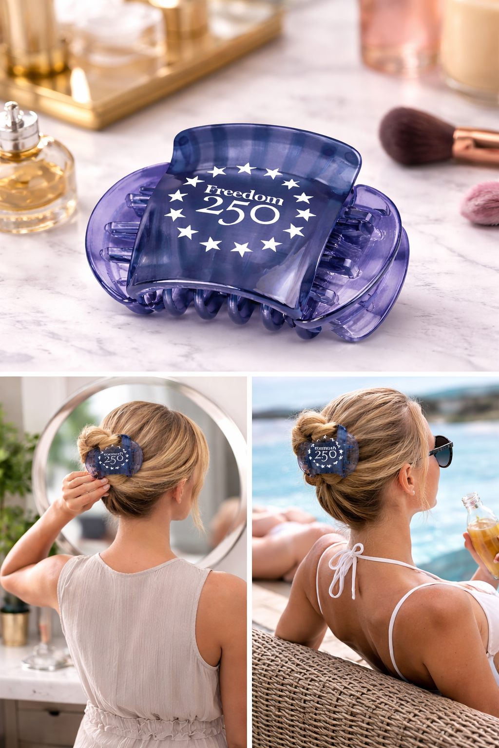 Blue hair bun maker with 'Freedom 250' branding on a vanity table with a woman using it.