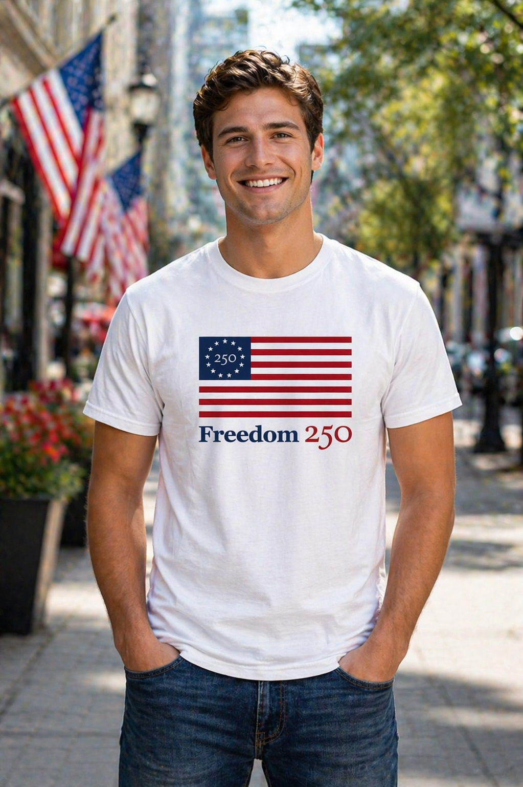 Man wearing a white t-shirt with a flag design and 'Freedom 250' text on a street background.