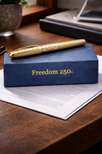 Gold pen on a blue 'Freedom 250' box on a wooden surface