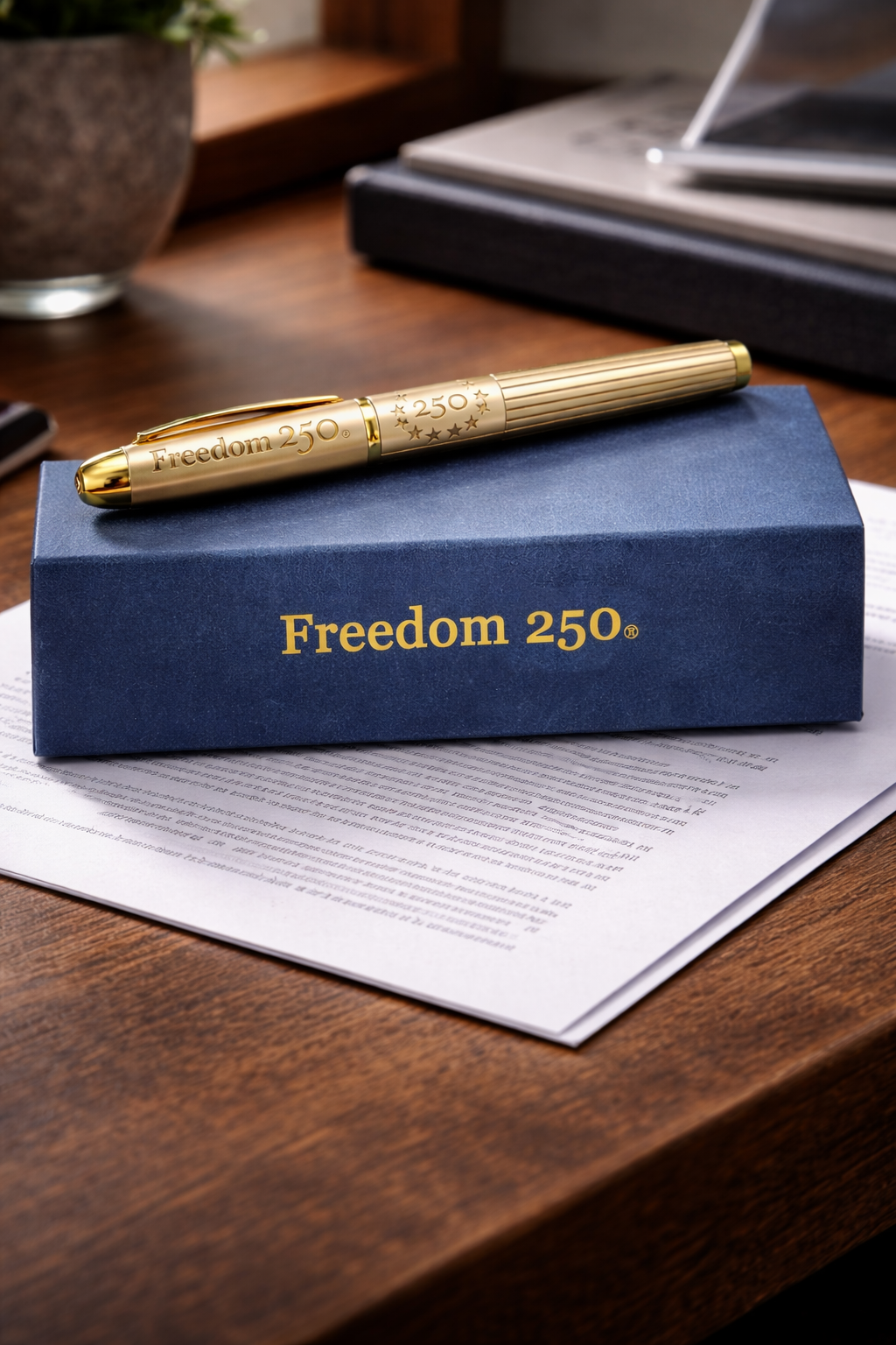 Gold pen on a blue 'Freedom 250' box on a wooden surface