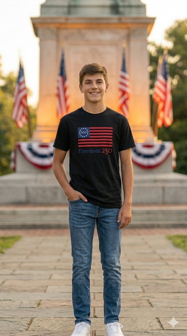 Person wearing a black t-shirt with a design in front of a monument with American flags.