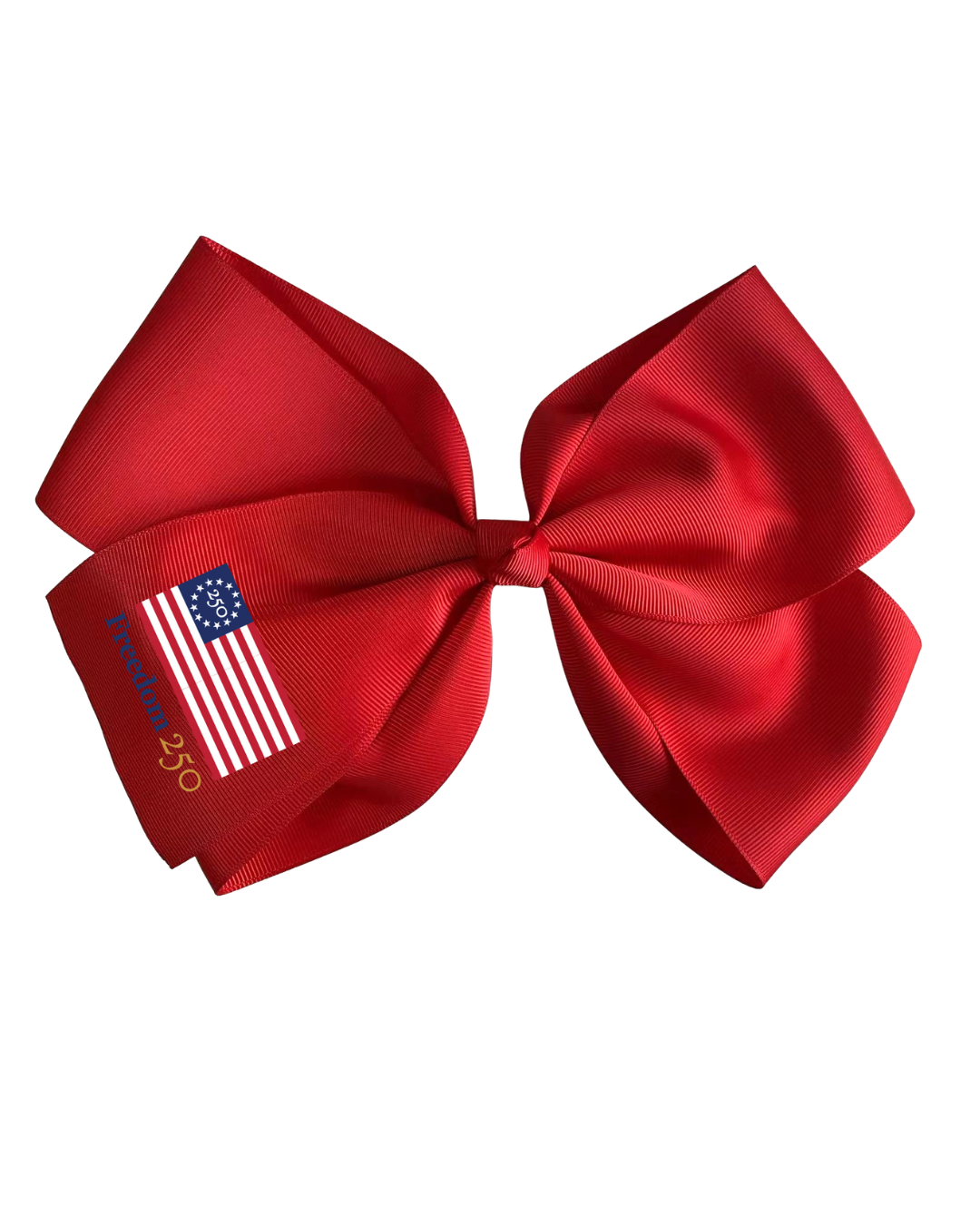 Red bow with an American flag emblem on a white background