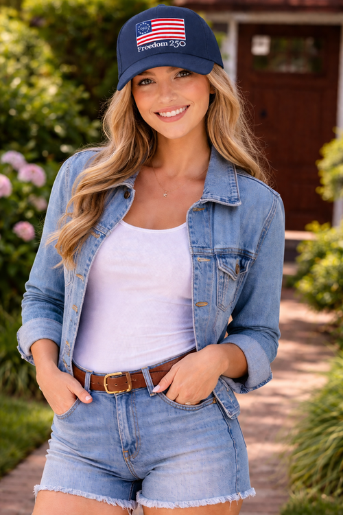 Woman wearing a denim jacket, white top, and blue shorts with a navy cap outdoors.