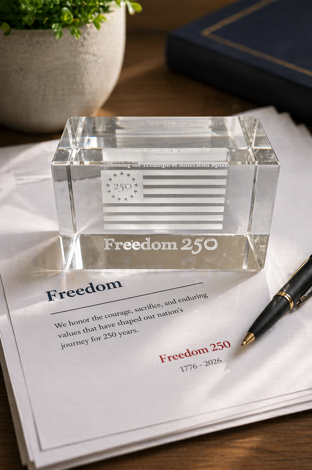 Clear crystal block with 'Freedom 250' text on a piece of paper with a pen next to it.