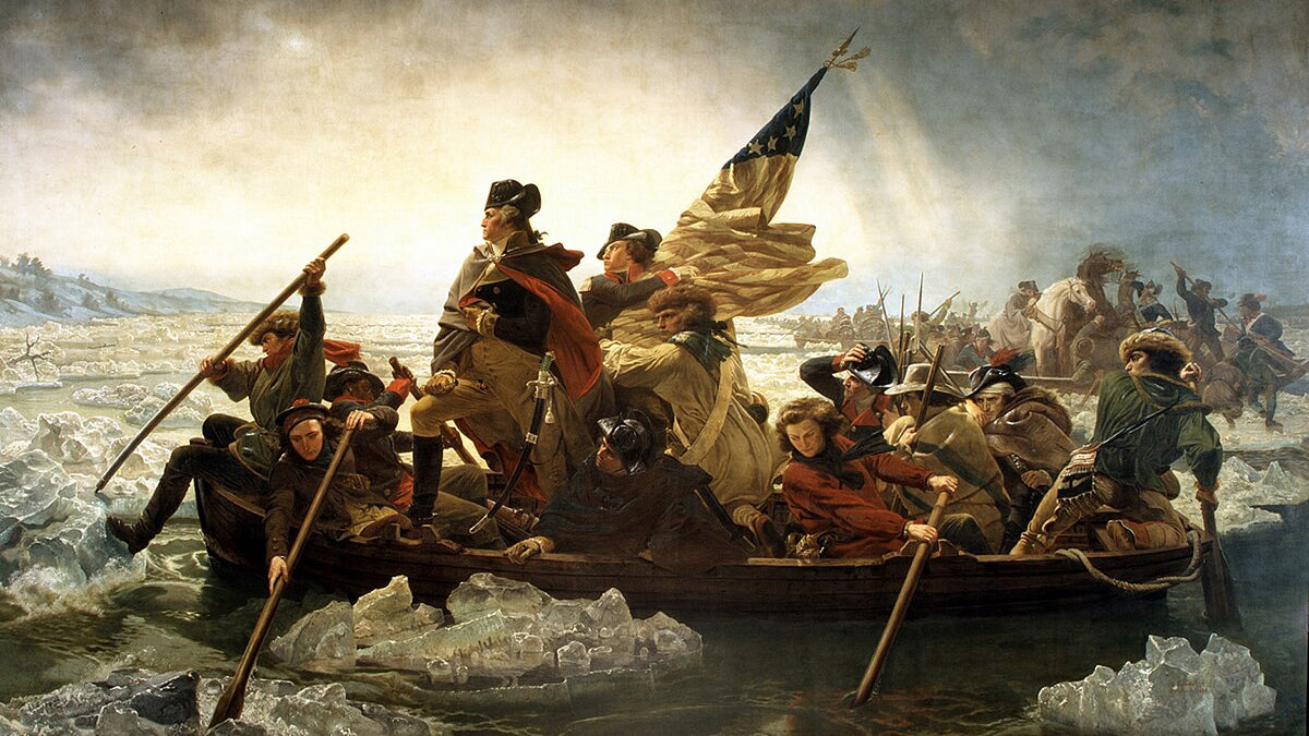 Painting of a historical scene with people rowing a boat on icy water, with a flag and landscape in the background.